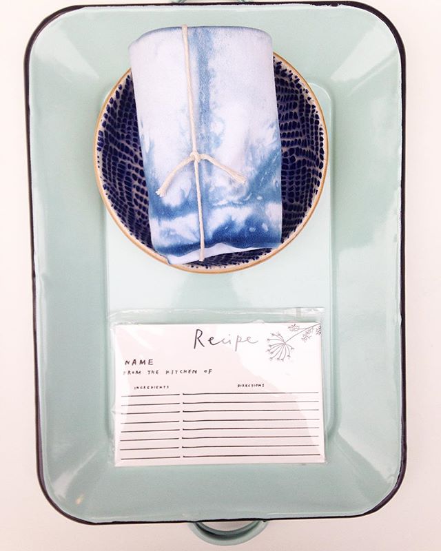 We love to help customers come up with ideas for gifts! Try a recipe pack with our enamel tray, shibori tea towel, and gorgeous ceramic bowl. Color themed kitchen decor!