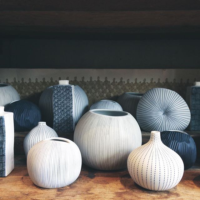 All of our indigo and white ceramics are looking quite nice together today.