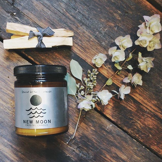 These New Moon candles by @speciesbythethousands  each contain a beautiful, powerful crystal that is said to open the door to change! Perfect when burned alongside a little Palo Santo.