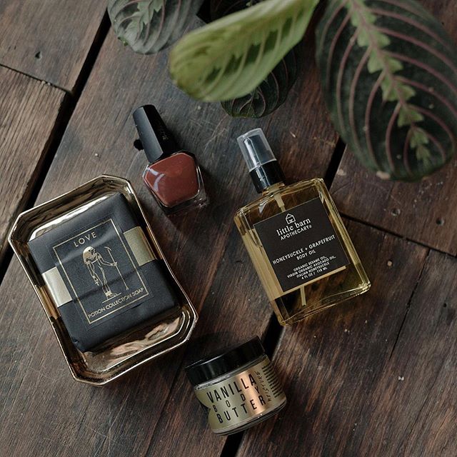 Our fall beauty favorites: new nail polish color "The Library", "Love" soap bar, Honeysuckle and Grapefruit body oil and Vanilla body butter.