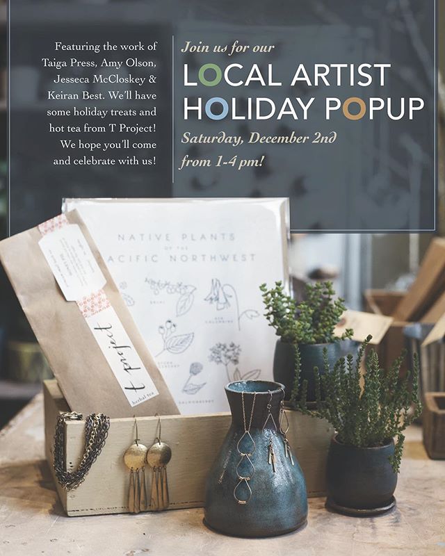 Please join us this Saturday, December 2nd, from 1-4 for our local artist holiday pop-up.  We will be featuring jewelry by @amyolsonjewelry  letterpress paper goods by @taigapress jewelry by our own Jesseca McCloskey and ceramics by owner Keiran Best. We will also be serving up treats, bubbles and lovely teas from @tprojectshop .  Stop on by!